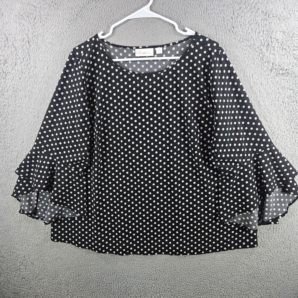 Belle by Kim Gravel Black White Polka Dot Ruffle Bell Sleeve Blouse Top‎ 1X